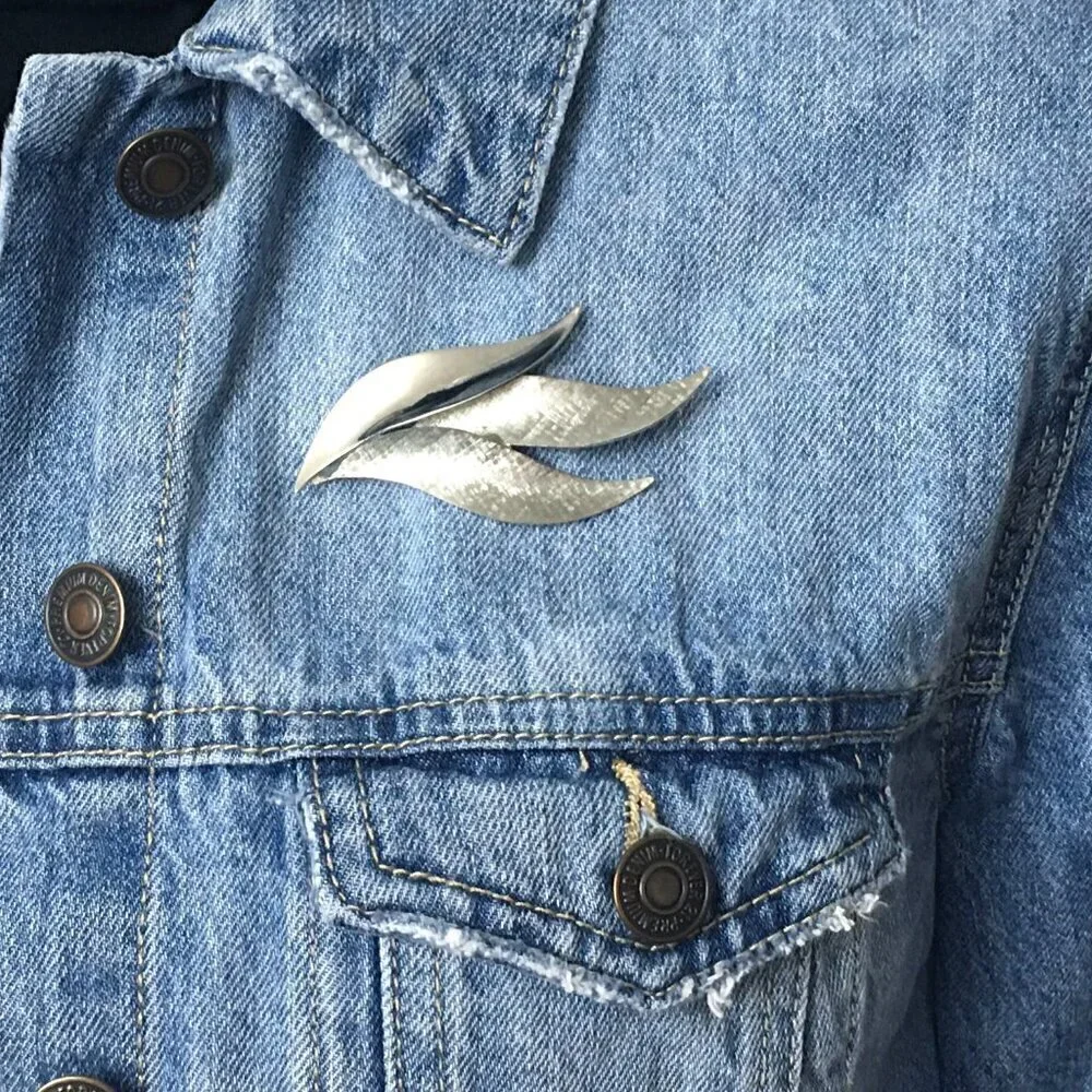 Silver Tone Leaves Brooch Large Leaf Pin Minimalist Art Deco Jewelry MCM Retro